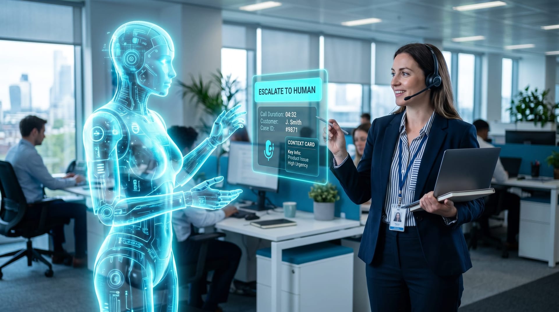 A live call escalating cleanly from a translucent cyan AI voice agent to a human employee with context shown on a glowing handoff panel