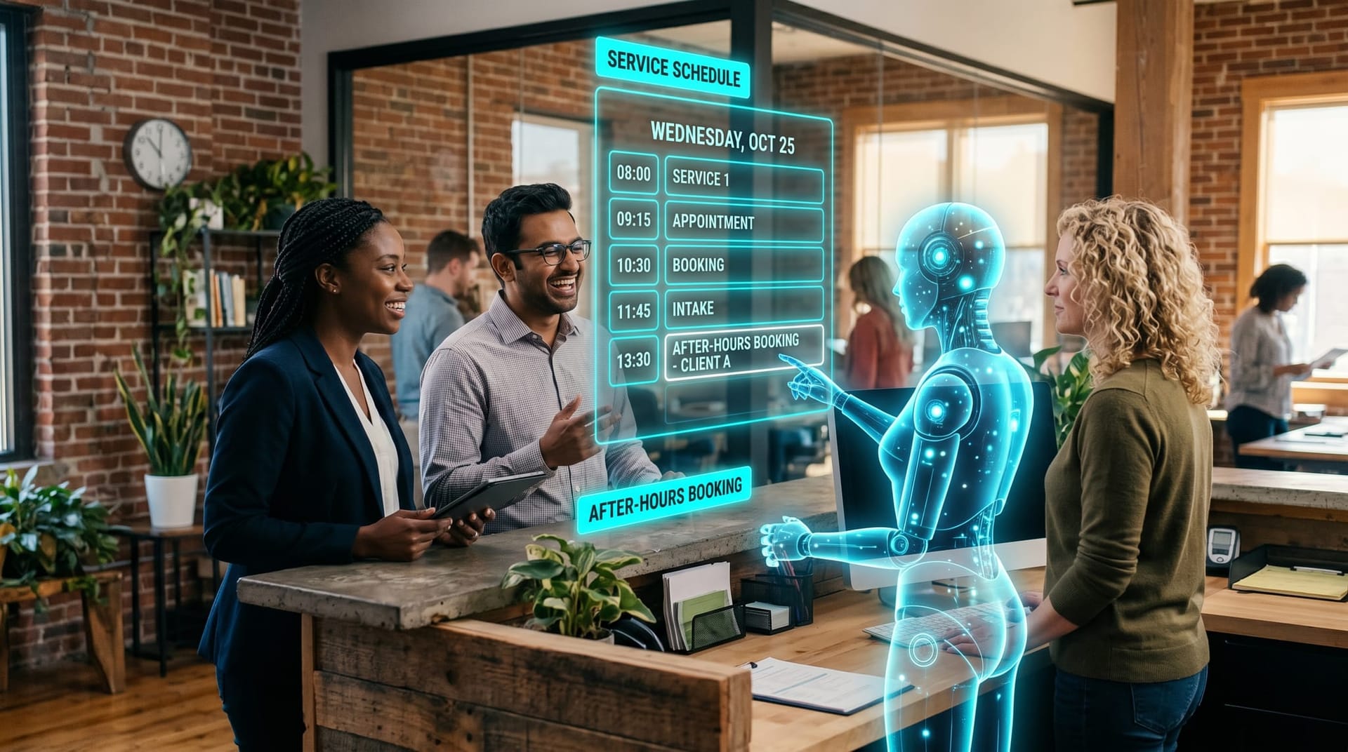 A Fort Wayne service business team reviews after-hours booking handled by a reasoning AI voice agent on a holographic schedule