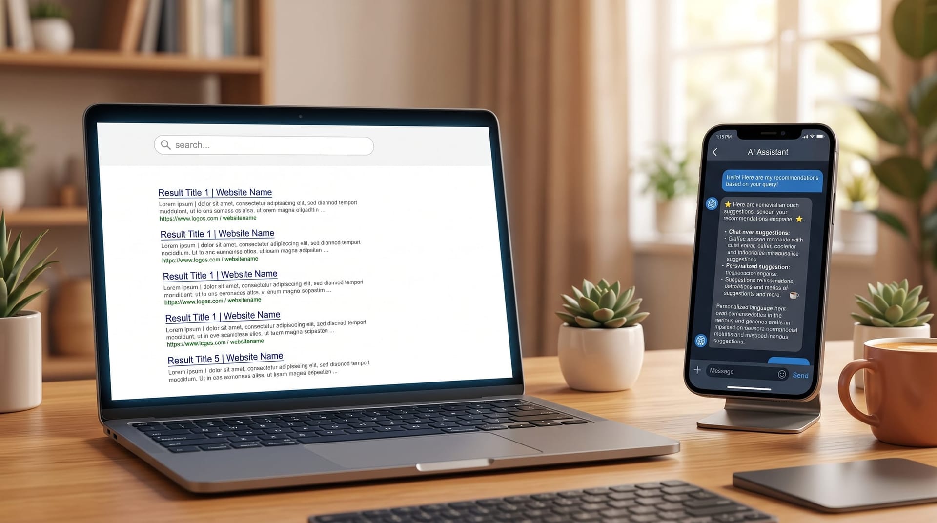 Split-screen comparison showing traditional search engine results page alongside an AI assistant conversation recommending local businesses