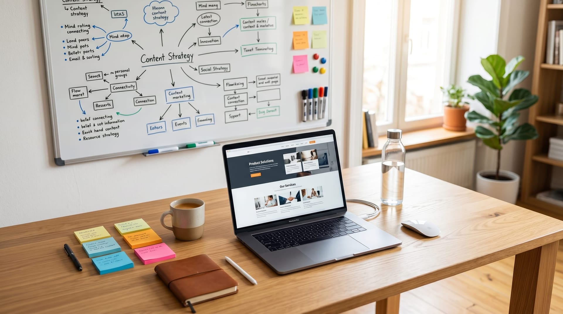 Clean workspace with laptop showing structured website content alongside sticky notes mapping answer engine optimization strategy for local business