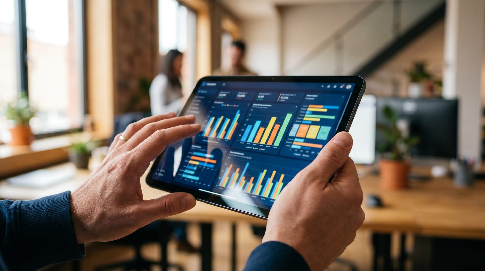 Professional reviewing analytics dashboard on a tablet showing AI search traffic conversion metrics compared to traditional channel performance