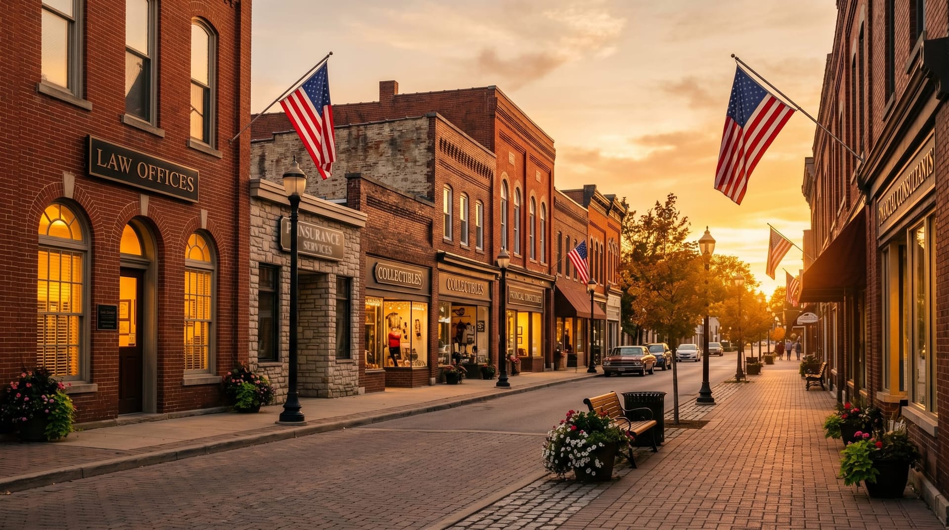 Fort Wayne commercial street with local service businesses at golden hour showing thriving small business district in Northeast Indiana