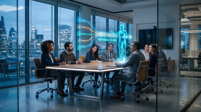 A Fort Wayne business team watches a holographic AI figure connect individual workflows into one organizational pipeline on a cyan dashboard