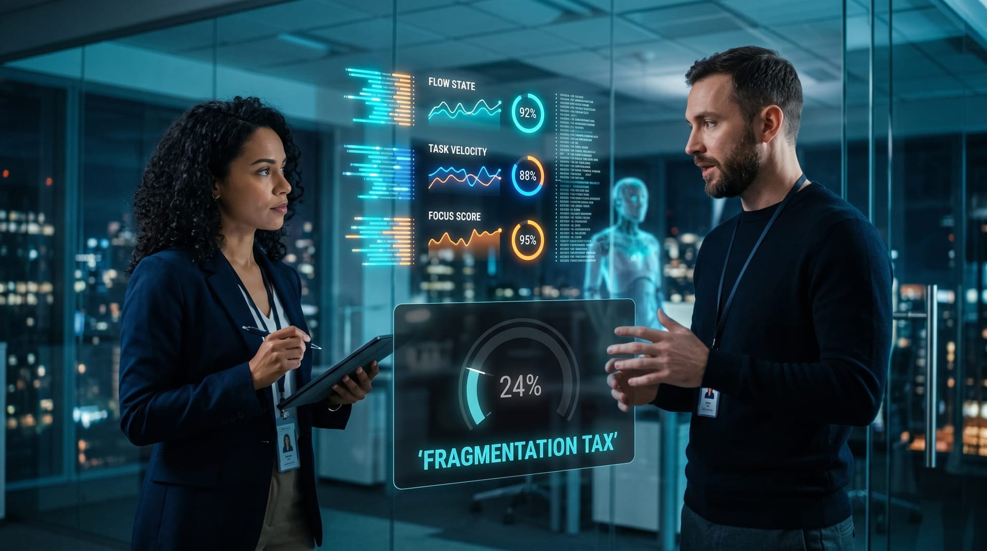 Floating holographic panels show fast individual work stats beside a lagging organizational ROI gauge, illustrating the AI fragmentation tax