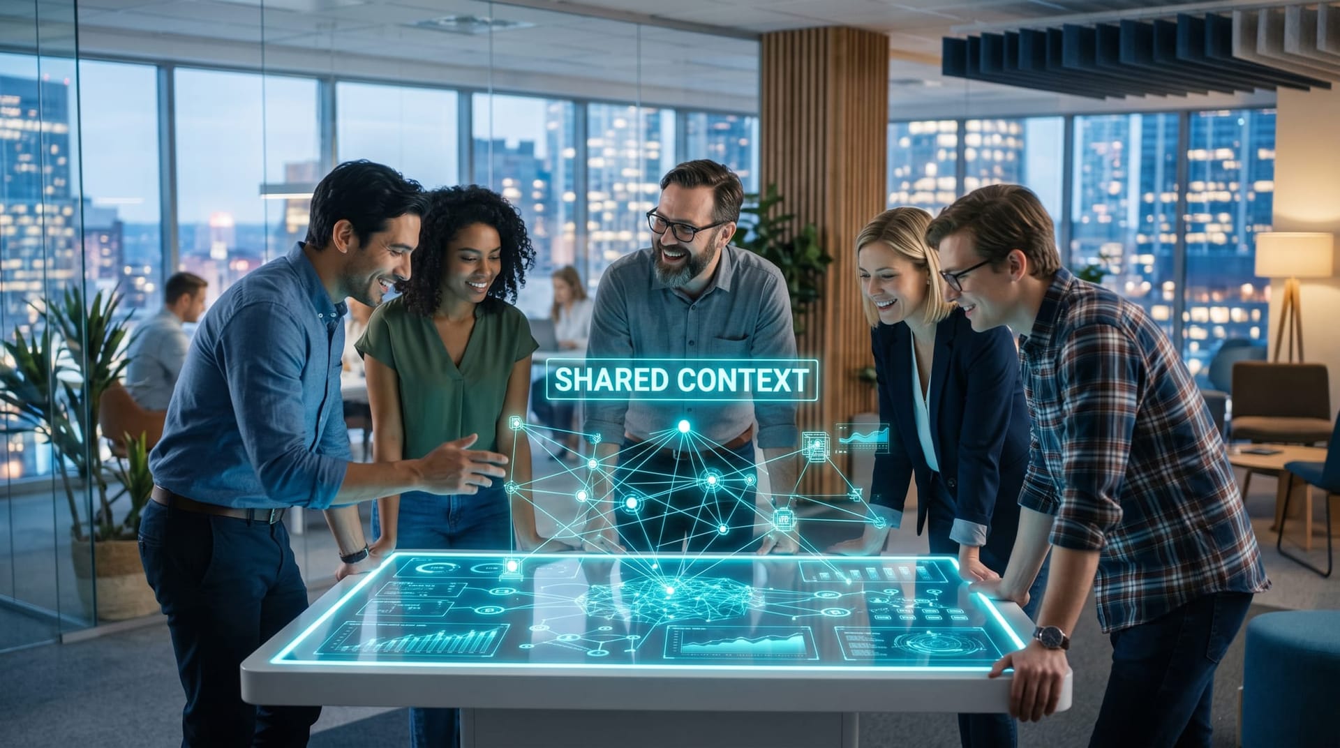 A high-performing team collaborates around a shared holographic workflow, showing what top AI teams do differently for organizational ROI