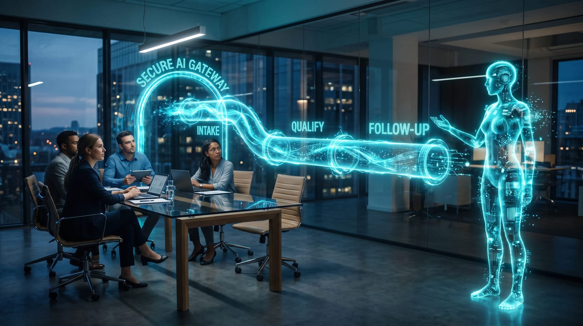 A translucent cyan AI Employee runs a full lead-intake-to-follow-up workflow on a glowing pipeline while a Fort Wayne team reviews the results