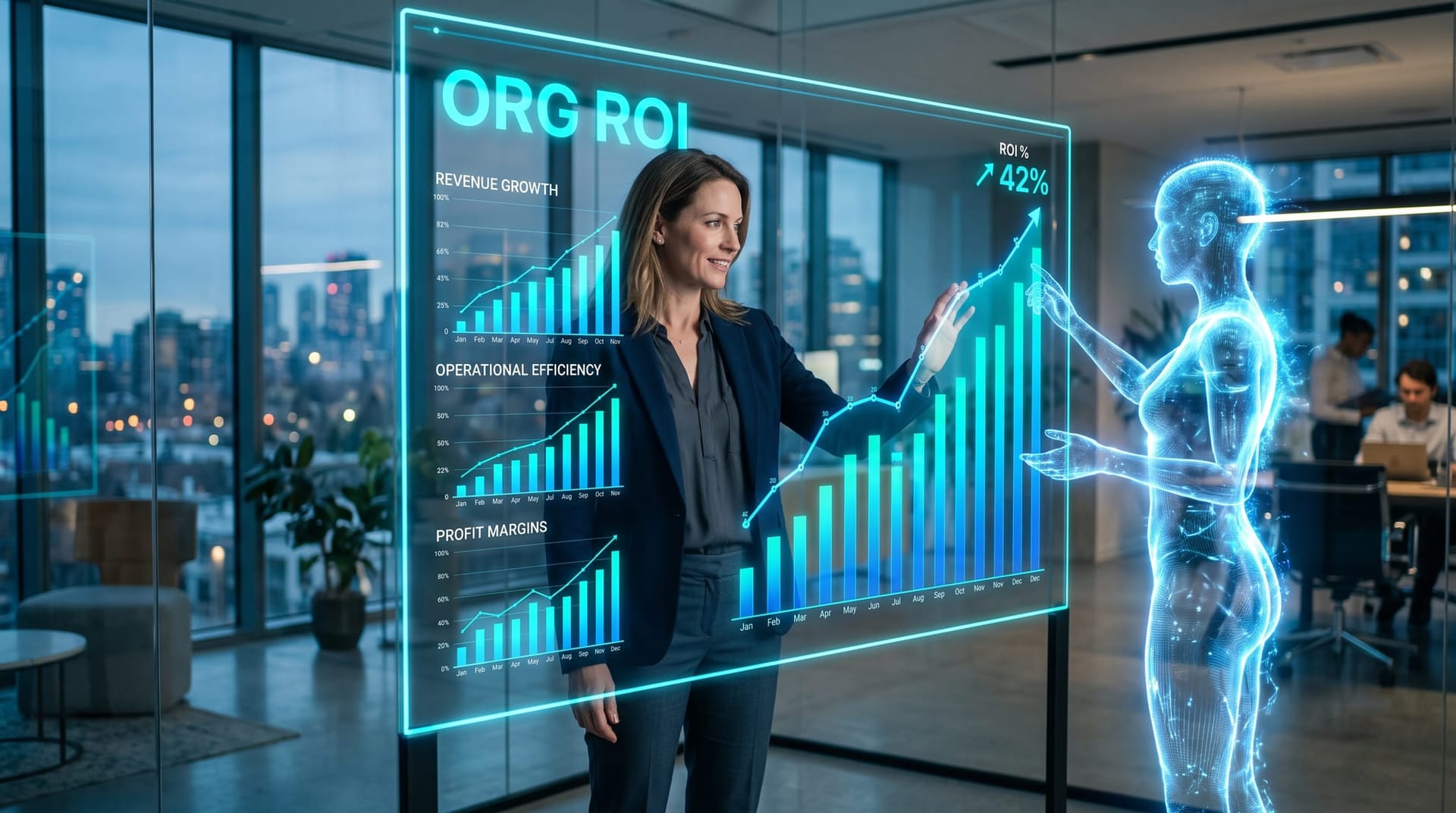 A Northeast Indiana small-business owner reviews an organizational AI ROI dashboard with a translucent cyan AI figure in a cool-lit office
