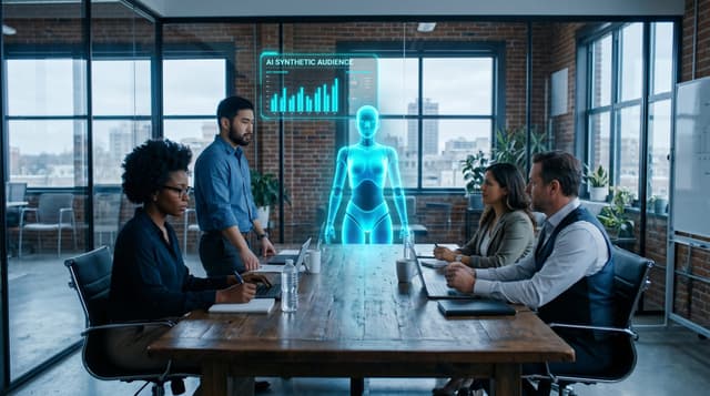Fort Wayne service-business owners review AI synthetic-audience survey results on a translucent cyan holographic dashboard inside a local conference room