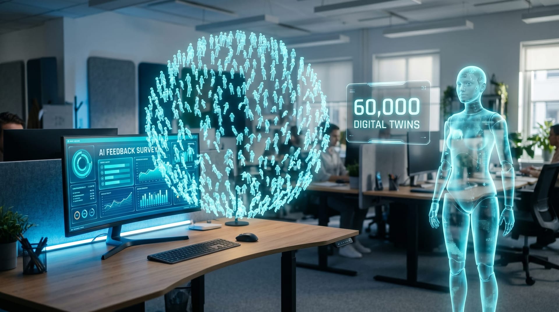 A cloud of translucent cyan holographic digital twin avatars representing thousands of AI personas hovering above a survey query interface in a modern office