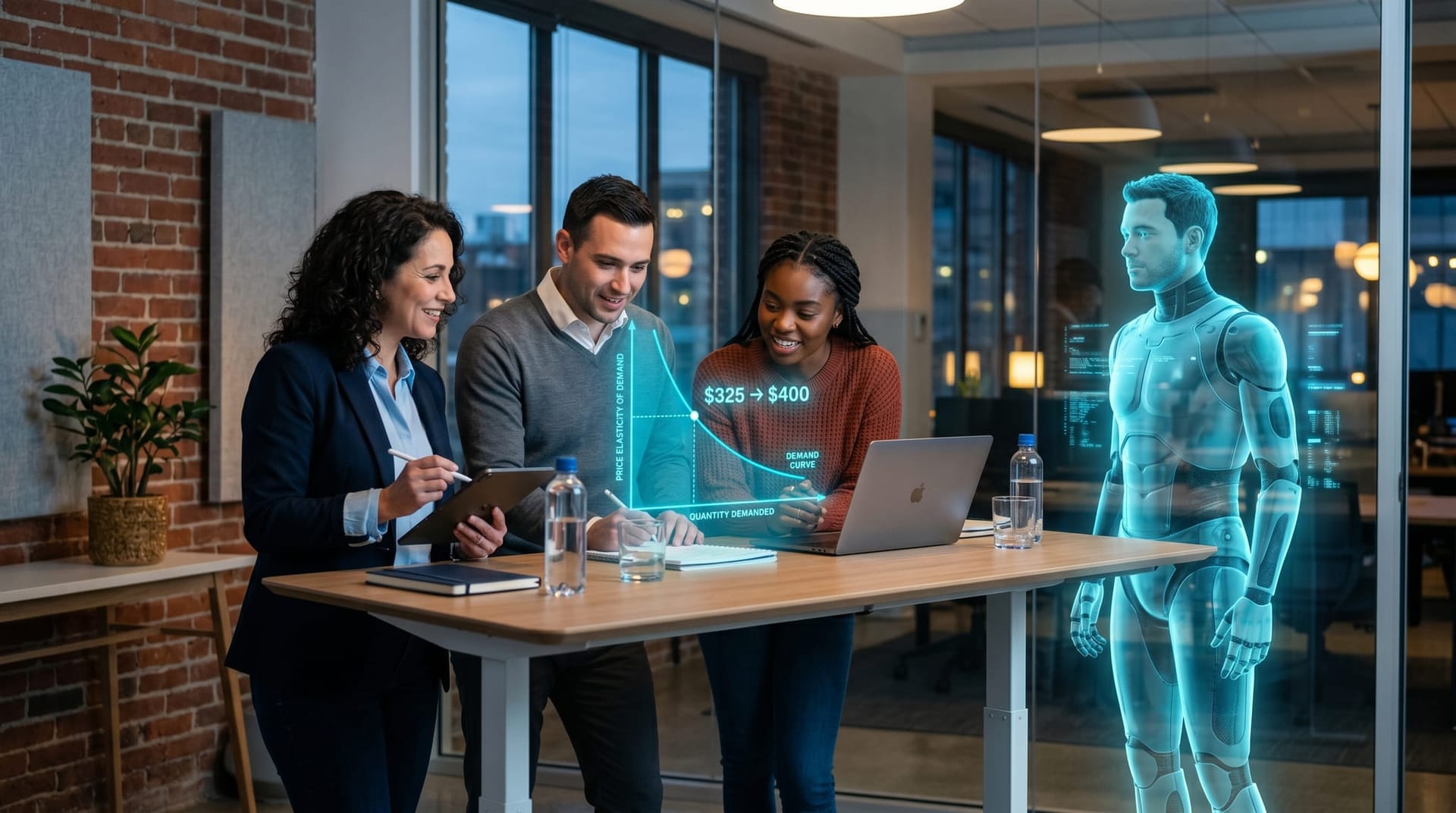 Fort Wayne HVAC service business owner discusses pricing-sensitivity test results around a kitchen-table style meeting with an AI Employee avatar present