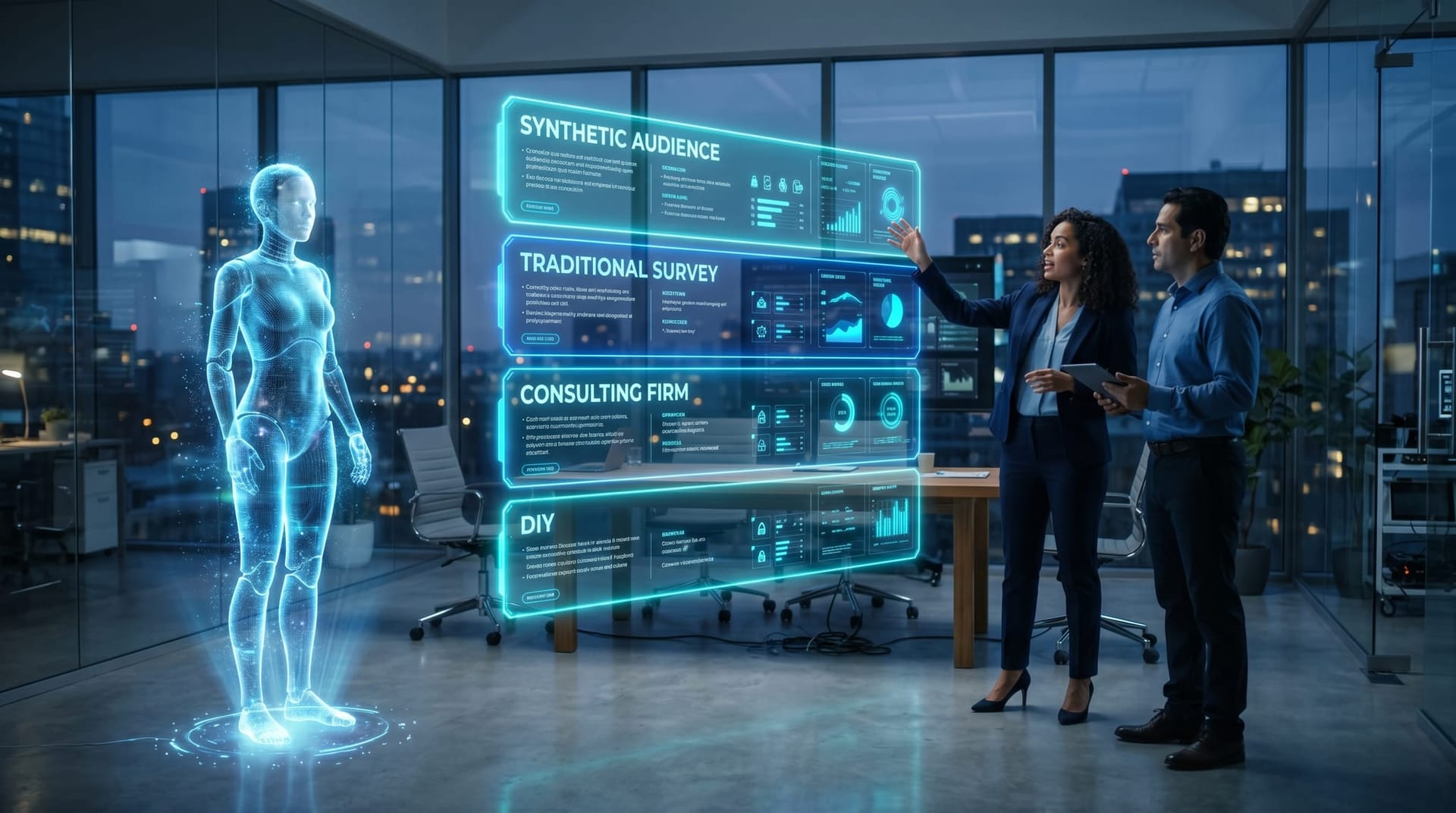 A four-quadrant holographic comparison matrix of synthetic AI audiences traditional surveys consulting firms and DIY research inside a glass-walled conference room