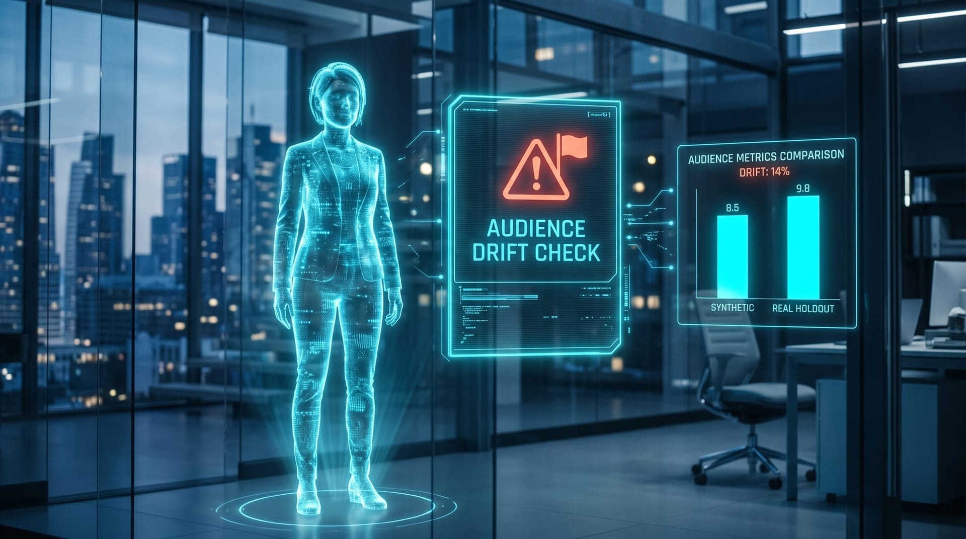 Cautionary illustration of an AI Employee avatar reviewing a flagged hallucination alert beside a real-human holdout panel chart in a glass-walled office