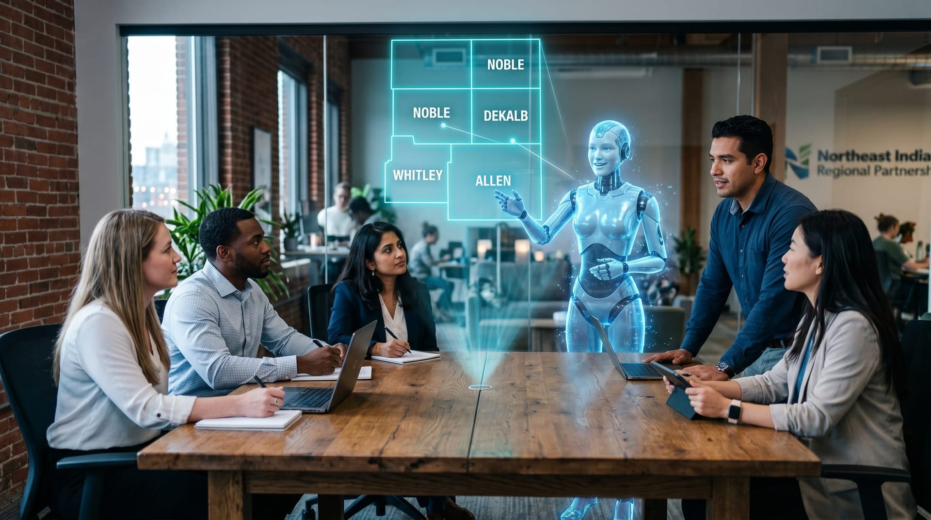 Northeast Indiana operators from HVAC dental accounting and real estate gathered around a holographic county-level map of Allen DeKalb Whitley Noble counties