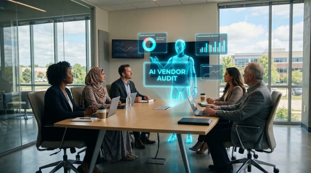 A diverse NE Indiana IT procurement team reviewing an AI vendor release-pipeline questionnaire on a glass-walled conference screen with a translucent cyan holographic AI avatar standing among them.