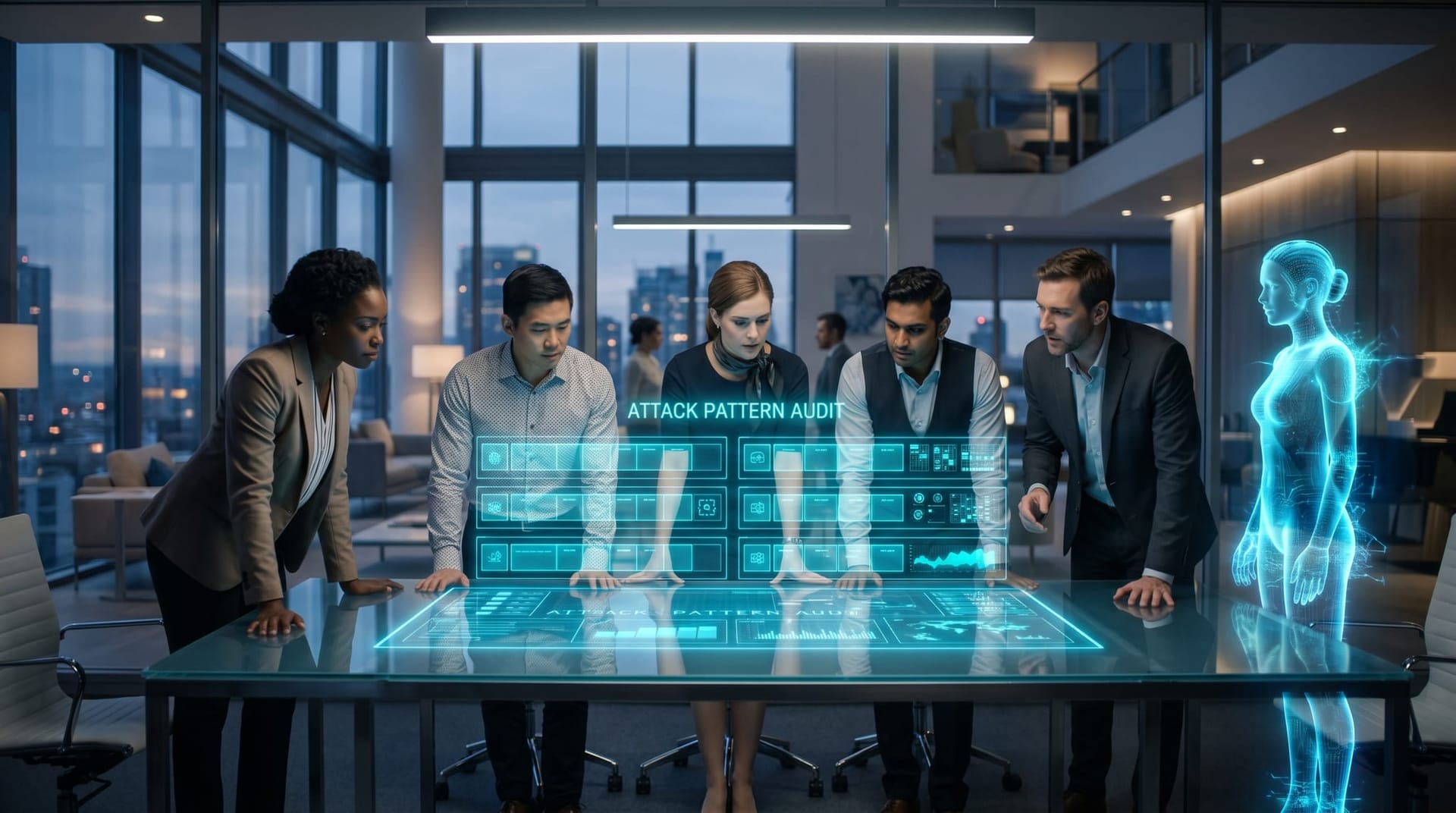 A floating cyan holographic four-row attack pattern audit table suspended above a glass conference table as a translucent AI Employee figure presents incidents and the buyer-side controls that would have caught each.