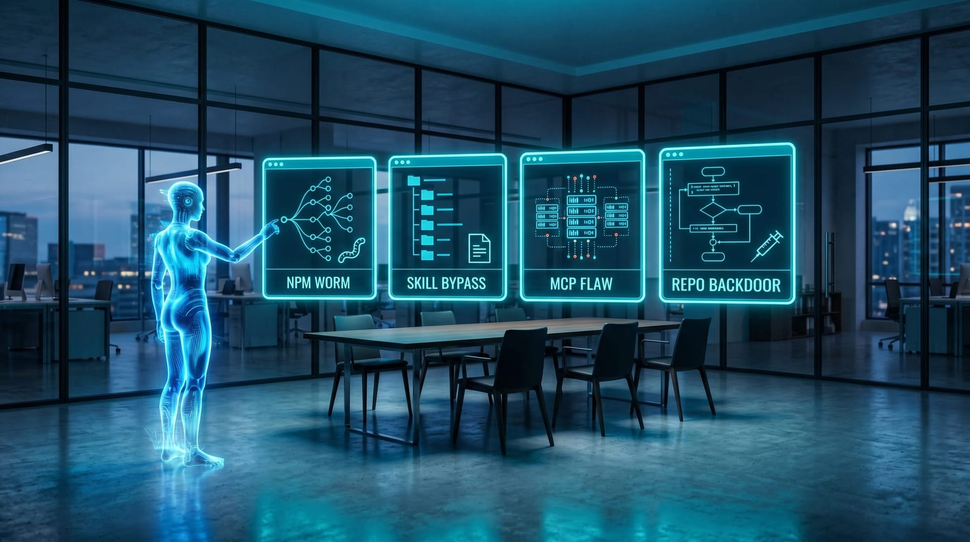 A NE Indiana IT director and procurement team reviewing four floating cyan holographic incident panels — Shai-Hulud, Anthropic Skill scanner, MCP-stdio flaw, and OpenClaw backdoor — projected over a glass conference table.