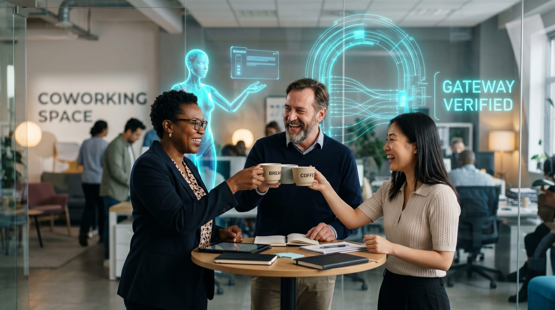 A translucent cyan AI Employee figure verifying signed artifact manifests at a glowing Secure AI Gateway boundary panel for a NE Indiana mid-market team in a glass-walled operations center.