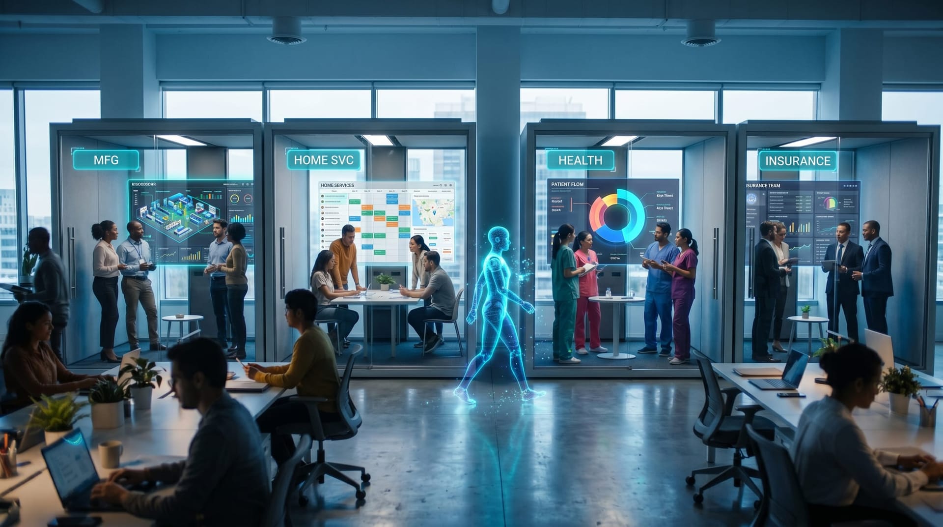 Four small NE Indiana mid-market teams — a manufacturer, a home-services firm, a healthcare practice, and an insurance broker — each reviewing a vertical-specific cyan holographic procurement-questionnaire panel.