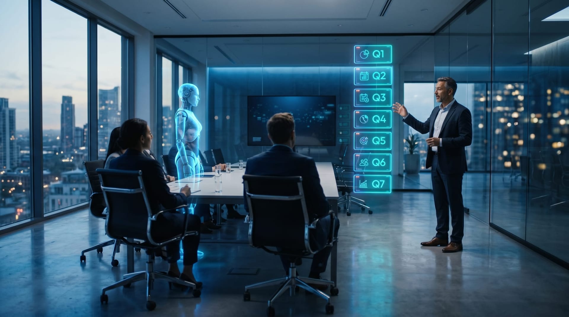 A diverse NE Indiana IT procurement team reviewing a glass-walled holographic seven-question AI vendor release-pipeline questionnaire with a translucent cyan AI Employee figure annotating each question.