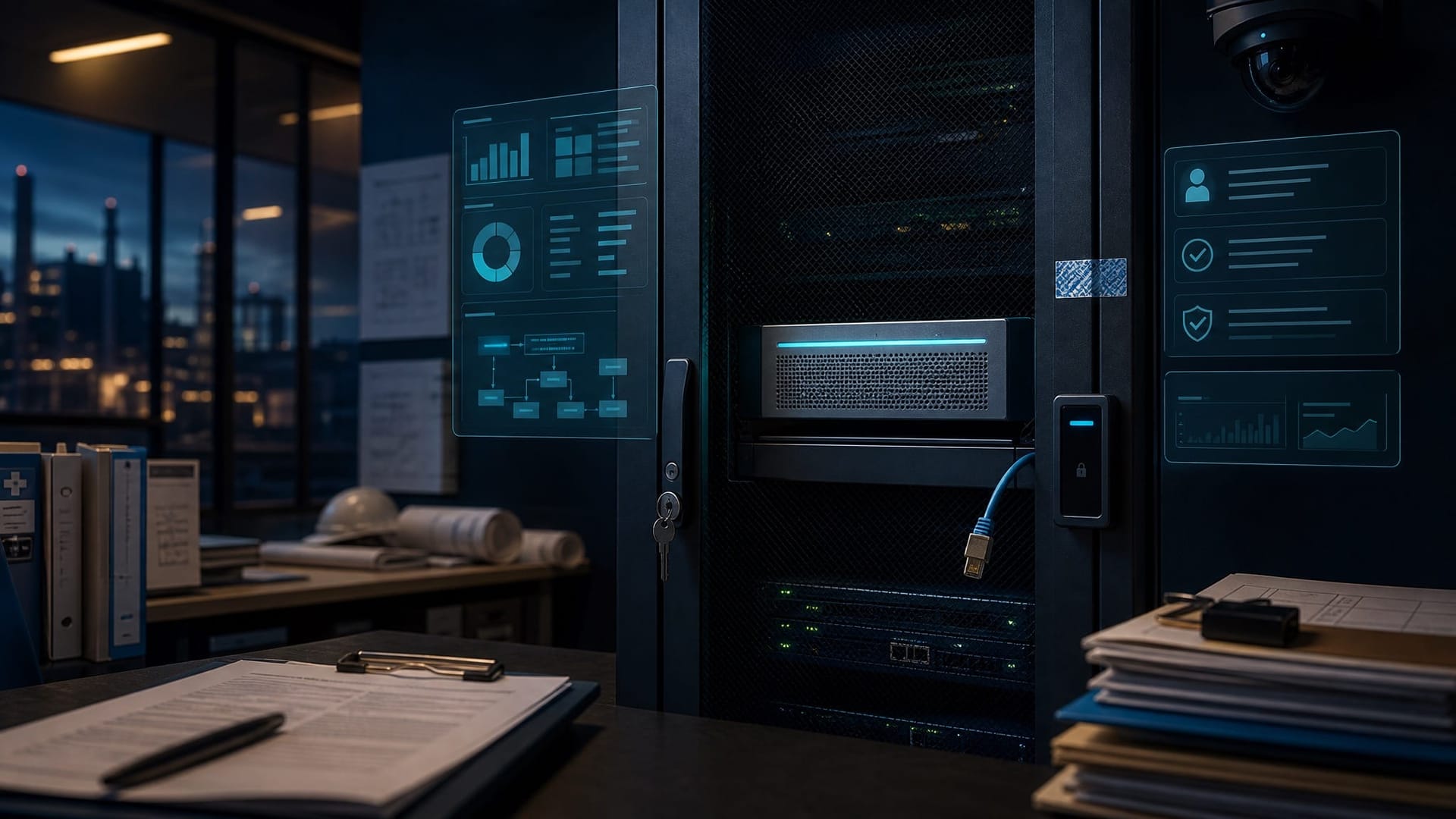 Locked server rack in a Northeast Indiana data closet with a single air-gapped appliance glowing under dim blue light, representing Fort Wayne air-gapped AI deployment for regulated industries.