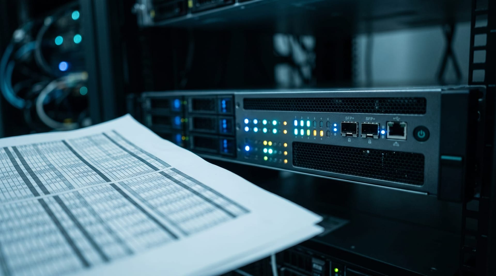 Close-up of a server status panel with soft blue indicator lights next to a printed cost spreadsheet, representing the cost and latency trade-offs of air-gapped AI for Northeast Indiana businesses.