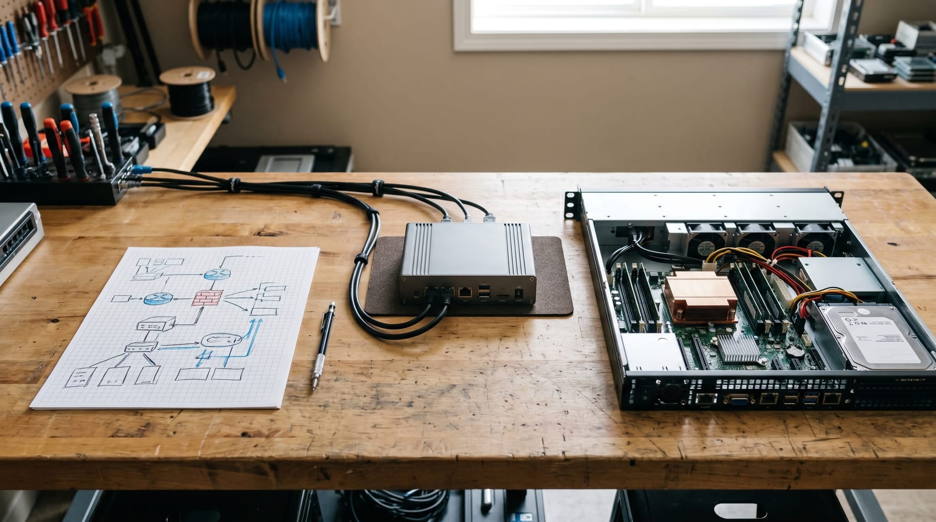 Clean architectural diagram rendered as a physical desk setup showing a gateway appliance, a cloud diagram sketch, and an on-prem appliance, illustrating a Fort Wayne sovereign AI deployment sequence.