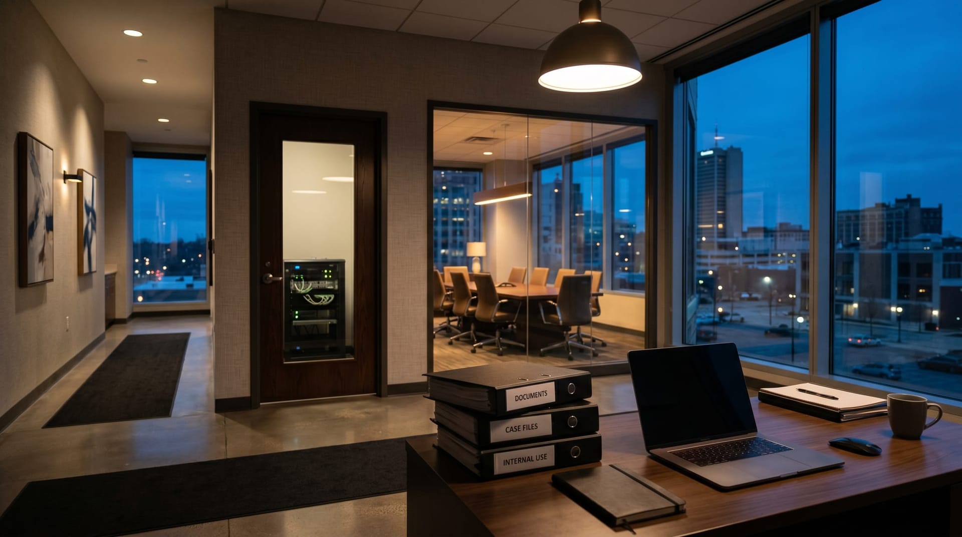 Downtown Fort Wayne professional office at dusk with an unattended paralegal workstation, a locked file room door, and a small server rack visible, depicting air-gapped AI for Allen County law firms.