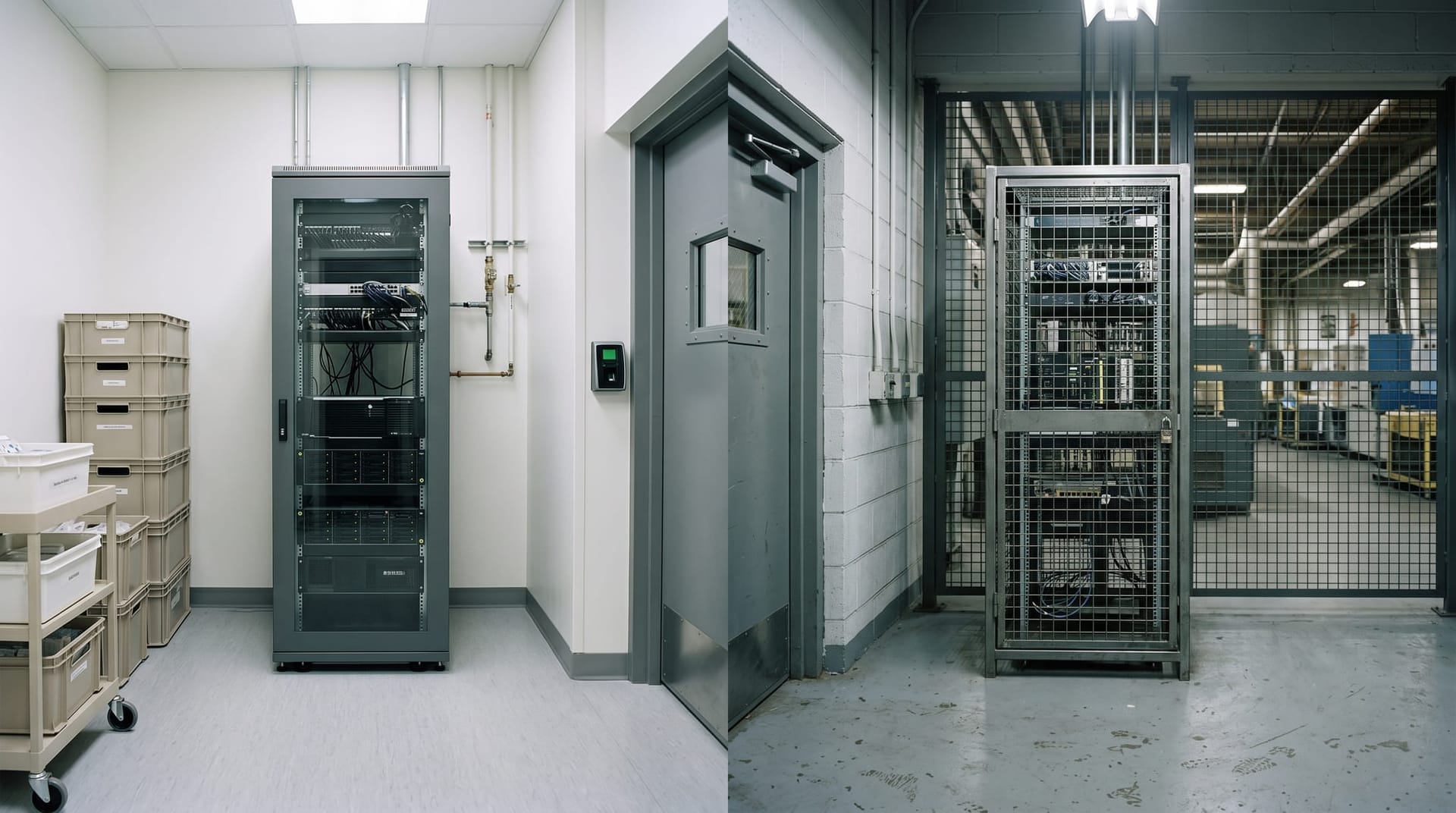 Split scene of a Fort Wayne hospital server closet on one side and a manufacturing IT cabinet on the other, connected by a locked cage, illustrating regulated-industry air-gapped AI use cases.