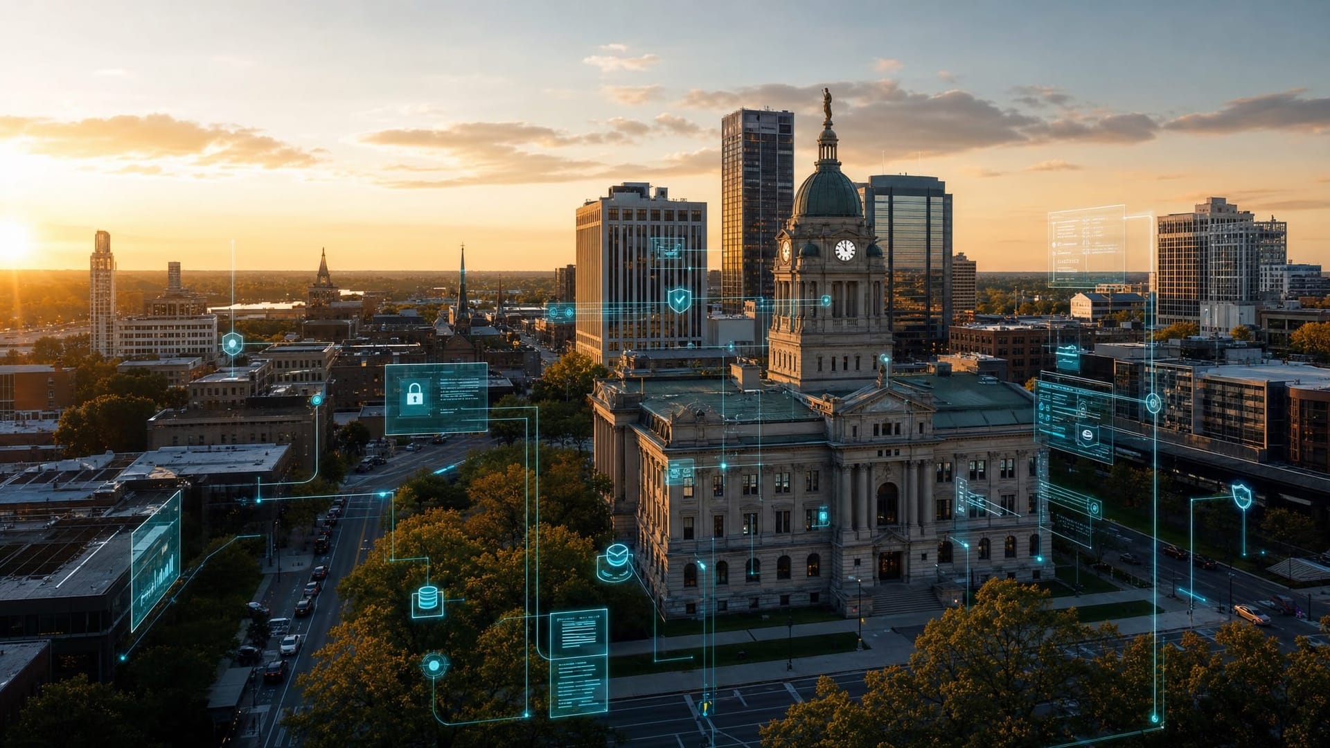 Aerial view of downtown Fort Wayne Indiana skyline at golden hour with the Allen County Courthouse visible, representing public-sector AI Employee deployments under constrained environments.