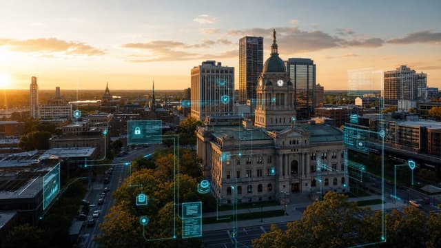 Aerial view of downtown Fort Wayne Indiana skyline at golden hour with the Allen County Courthouse visible, representing public-sector AI Employee deployments under constrained environments.