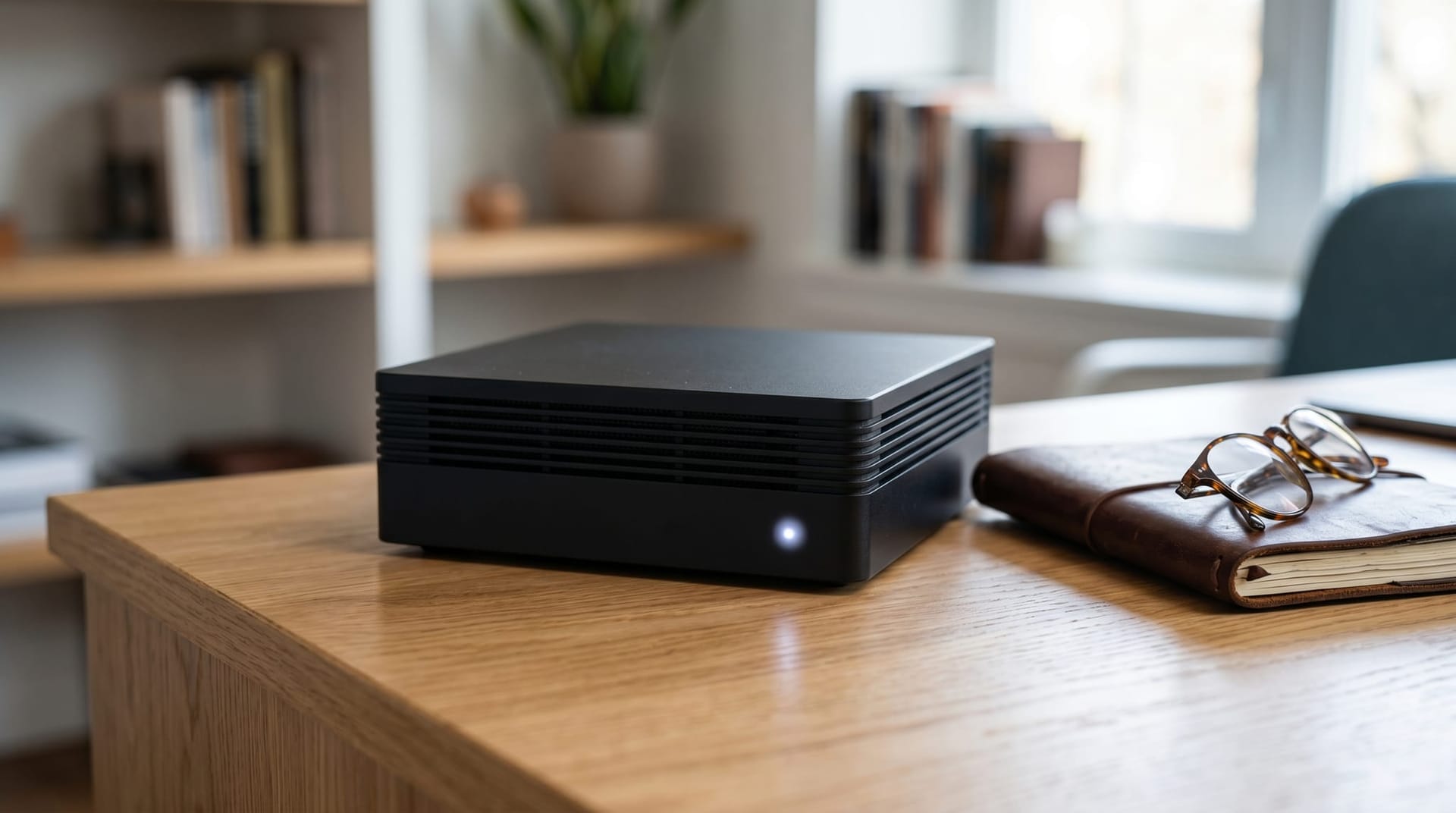 Close-up of a compact edge AI server appliance on a clean wooden desk with a notebook and reading glasses, representing locally-deployed AI Employees for constrained public-sector and regulated mid-market environments.