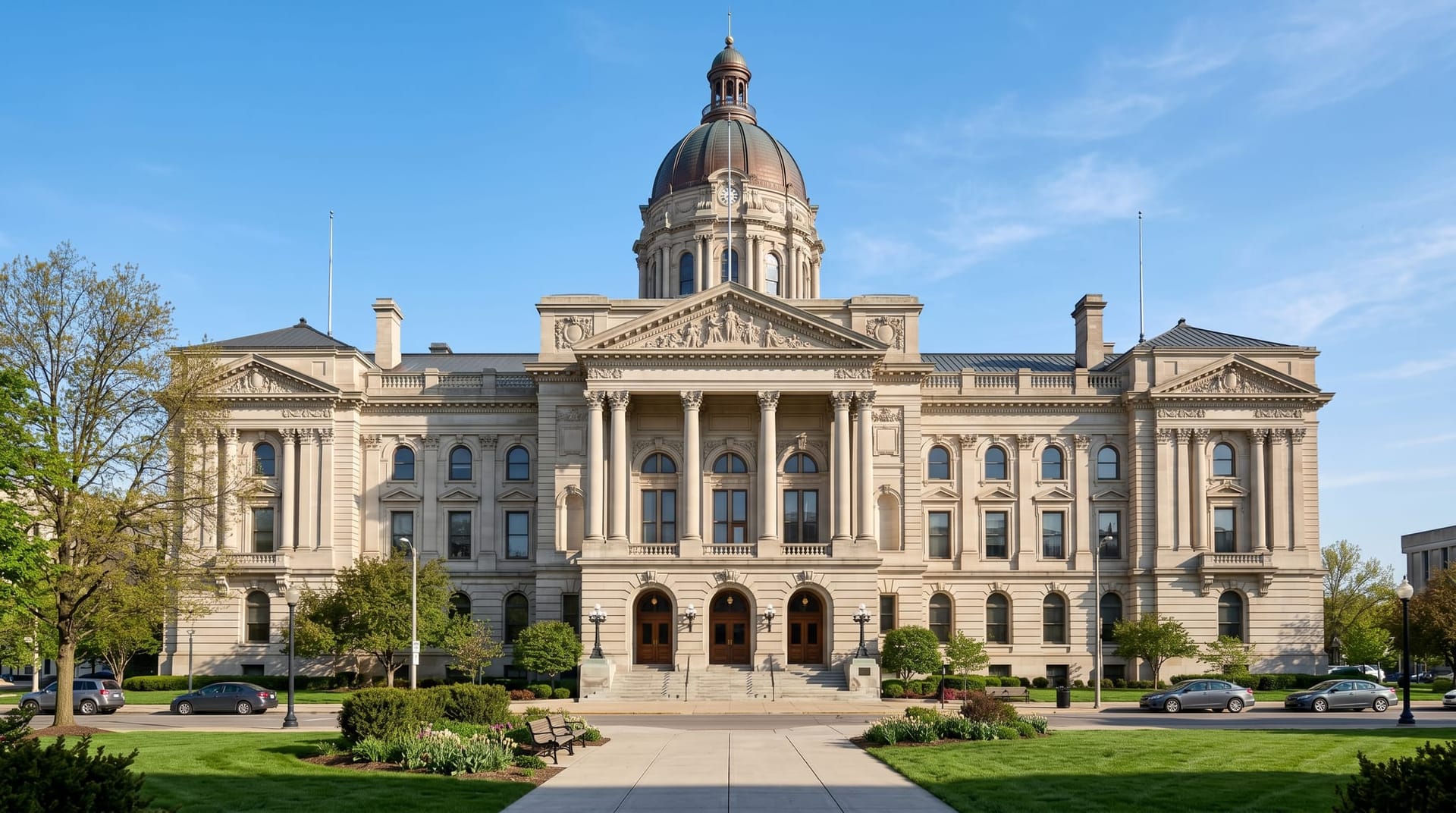 Wide-angle photograph of the historic Allen County Courthouse facade in Fort Wayne Indiana on a clear morning, illustrating the public-sector AI Employee deployment context for Fort Wayne and Allen County government IT.
