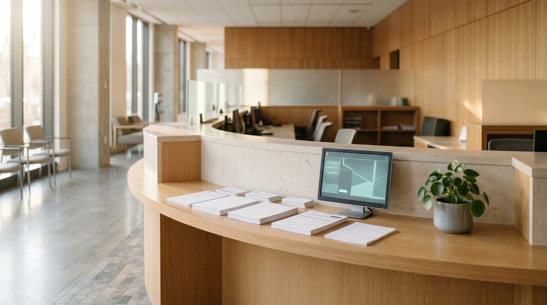 Quiet government office service counter with neat stacks of permit forms, a sleek monitor showing an abstract intake queue interface, and warm morning light, representing public-sector AI Employee deployments for permit triage and FOIA routing.