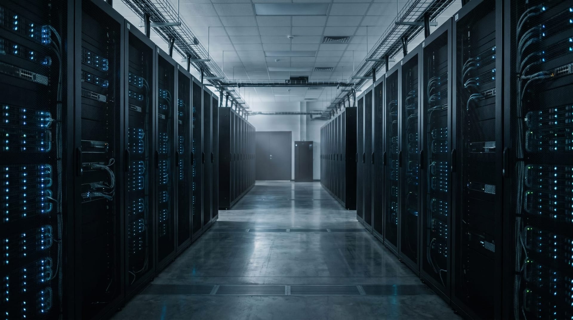 Server room corridor with rows of dark equipment cabinets and soft blue indicator lights, representing the secure AI gateway architecture for public-sector and constrained-environment AI Employee deployments.
