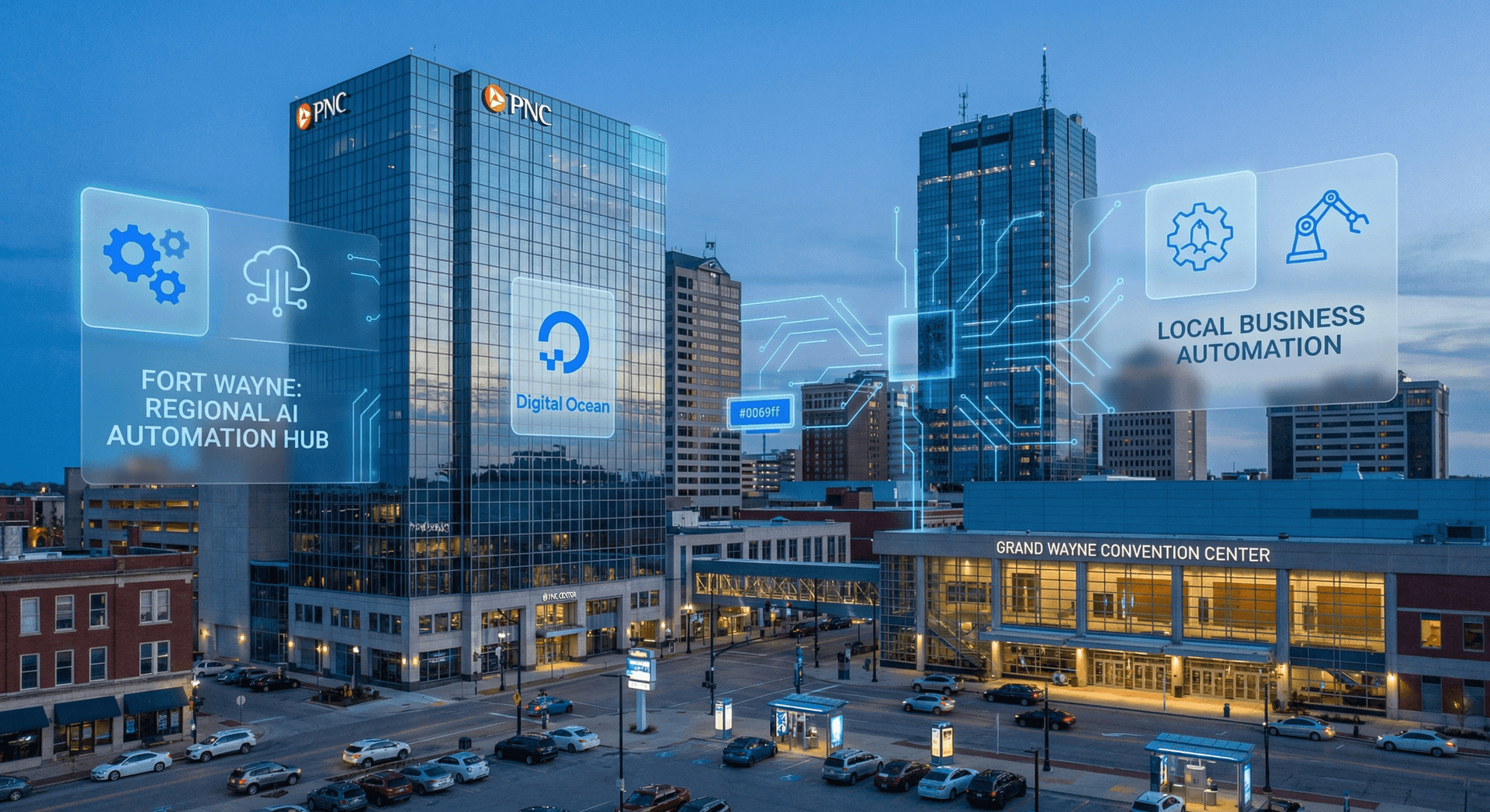 Fort Wayne Indiana skyline at dusk representing the city's growing business automation future and digital transformation across Northeast Indiana