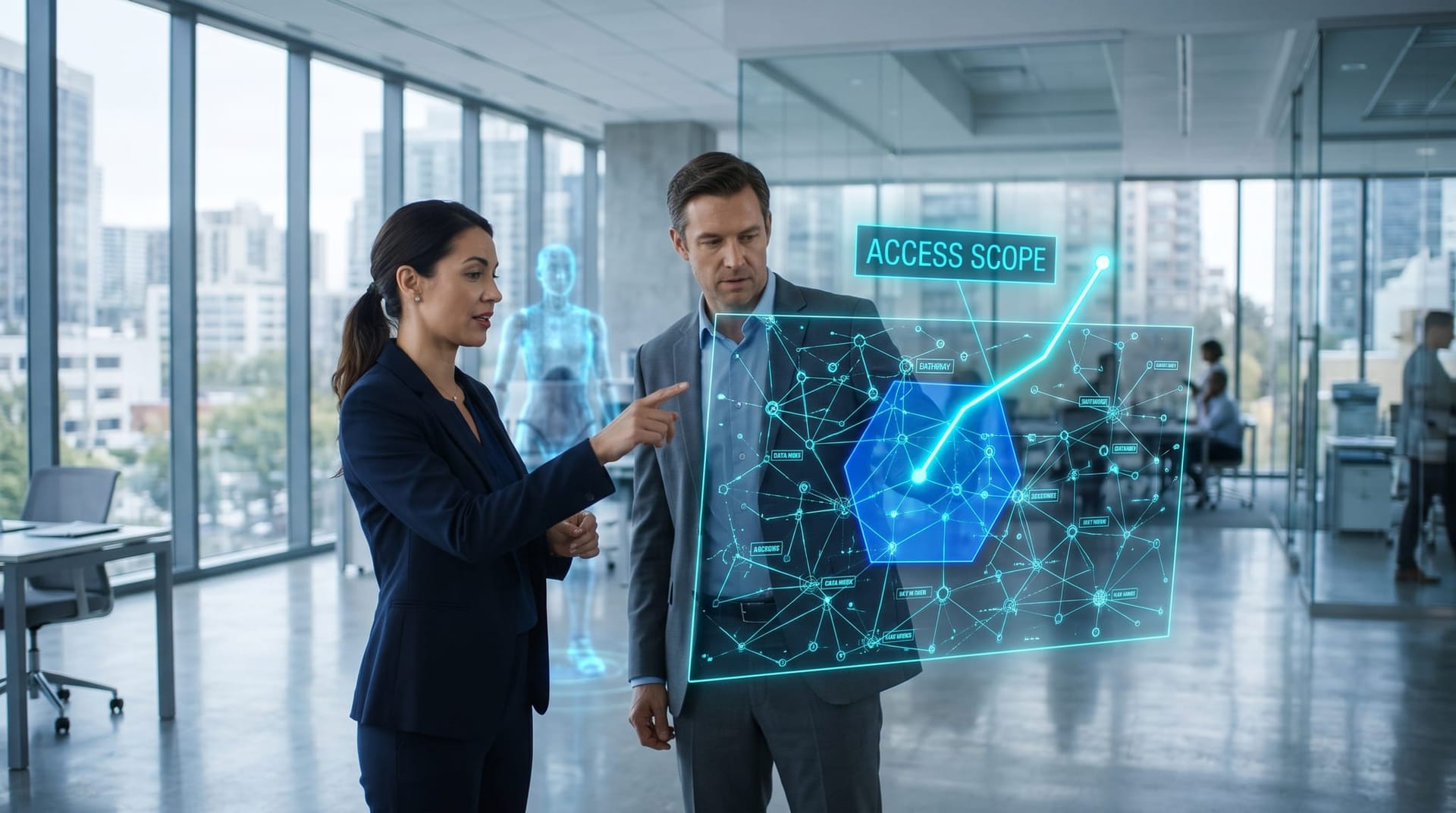 Bank professionals reviewing a holographic account-access map in cyan showing an AI agent reaching beyond its assigned records in a glass office