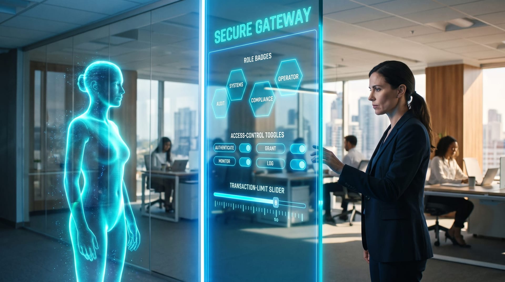 Translucent cyan holographic AI employee separated from bank systems by a glowing secure gateway with access-control toggles as a banker reviews the rules