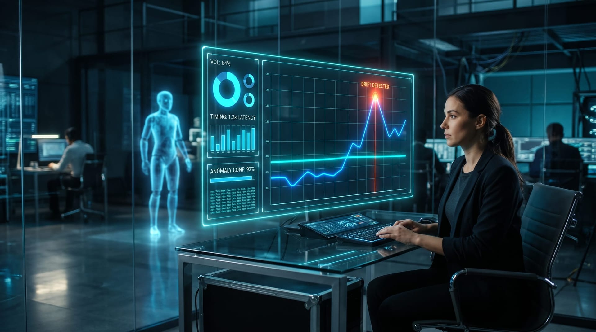 Analyst watching a cyan behavioral-drift dashboard with a normal baseline line and a spiking alert flag as a holographic AI figure looks on in a glass office