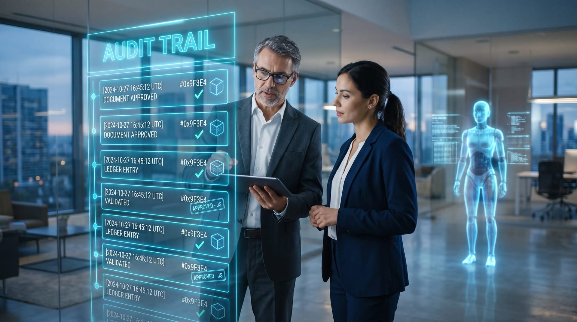 Compliance reviewer and colleague examining a cyan immutable audit-trail ledger hologram showing timestamped AI agent actions in a modern bank office