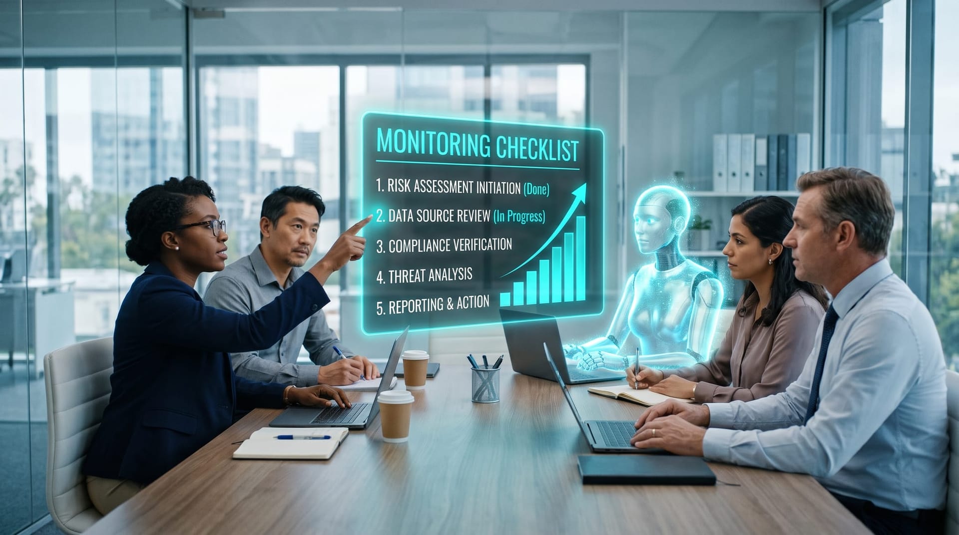 Northeast Indiana community bank team working through an AI agent monitoring checklist on a cyan hologram with an AI employee participating at the table