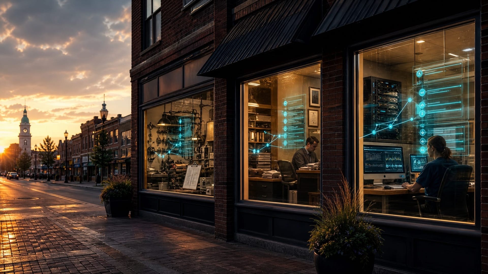 A small-town main street at golden hour with red-brick storefronts and three lit business windows, evoking Northeast Indiana owner-operators planning their 2026 AI strategy.