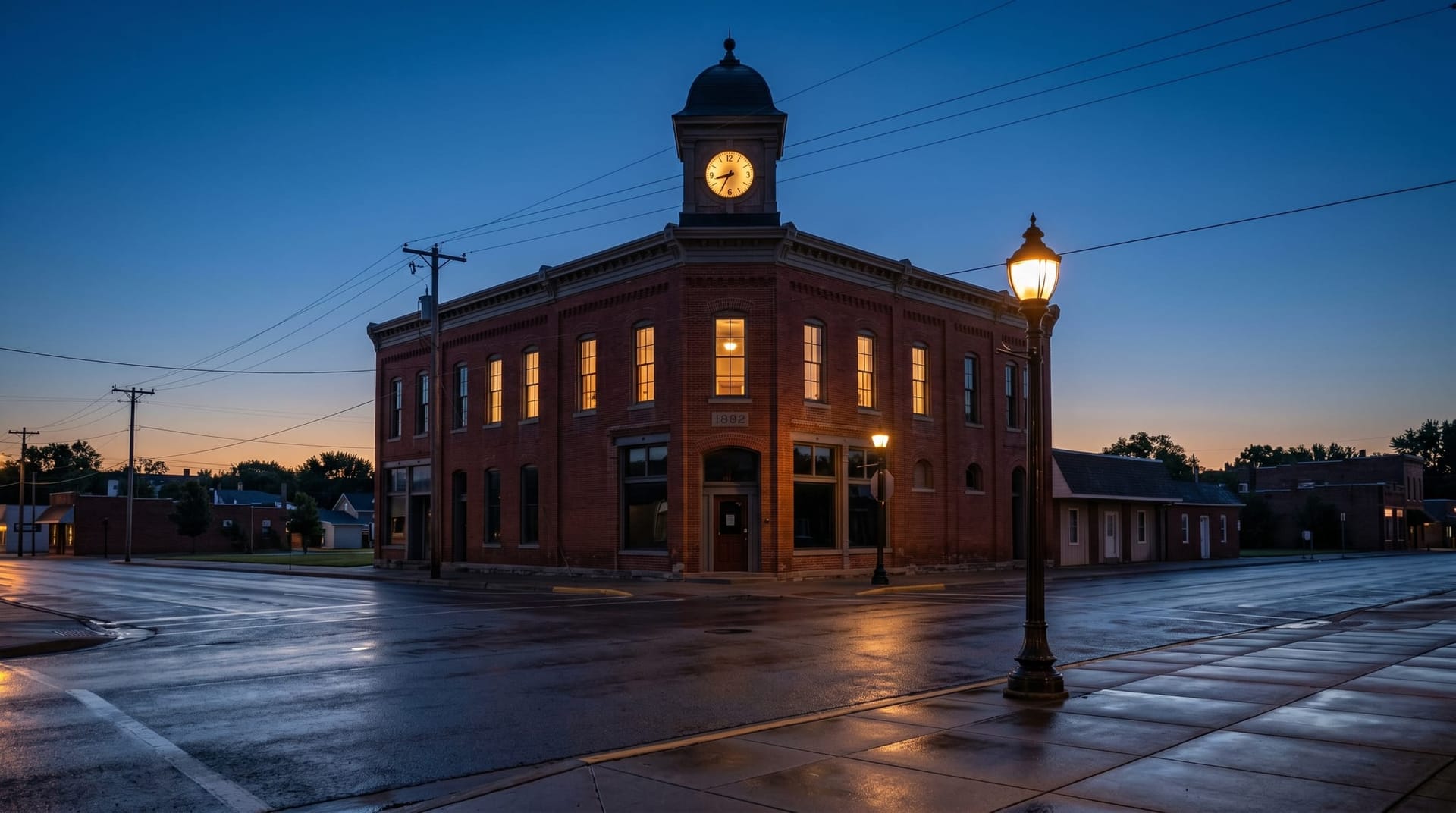 A quiet midwestern downtown intersection at blue hour with a working clock tower and several lit second-story windows, evoking Auburn or DeKalb County in 2026.