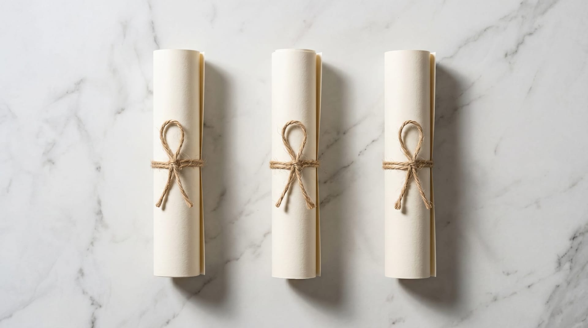 Three rolled-paper documents tied with twine on a marble surface, representing the Indiana AG, HIPAA, and FCC TCPA regulatory watch list for Fort Wayne AI deployments.