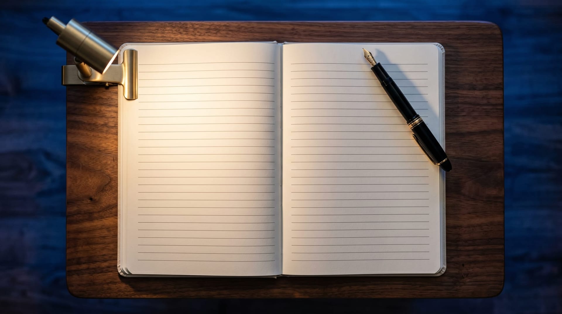 An open notebook on a wooden desk with a fountain pen and a brass clip-light, evoking a Fort Wayne owner running a task-level automation audit of their staff's day.