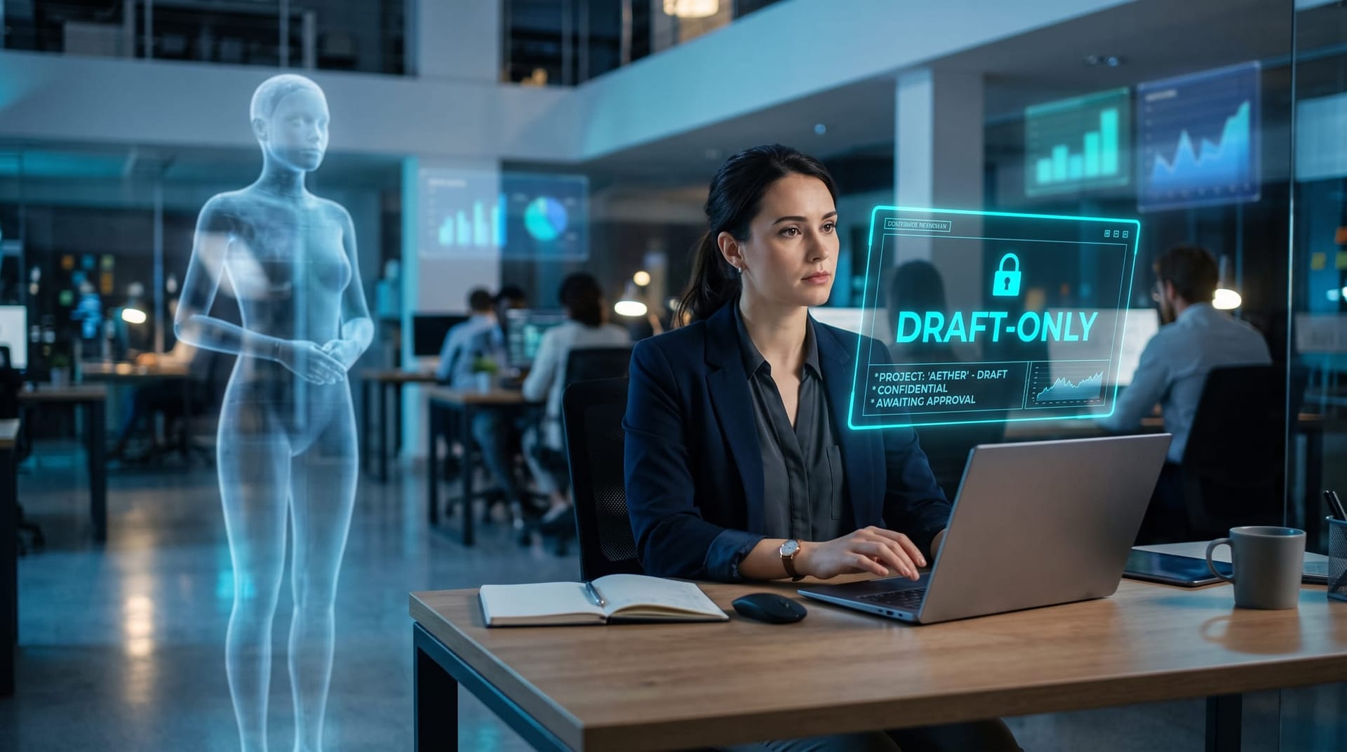 A single professional hesitates over a laptop showing an AI draft flagged draft-only while a faint cyan hologram waits beside the desk