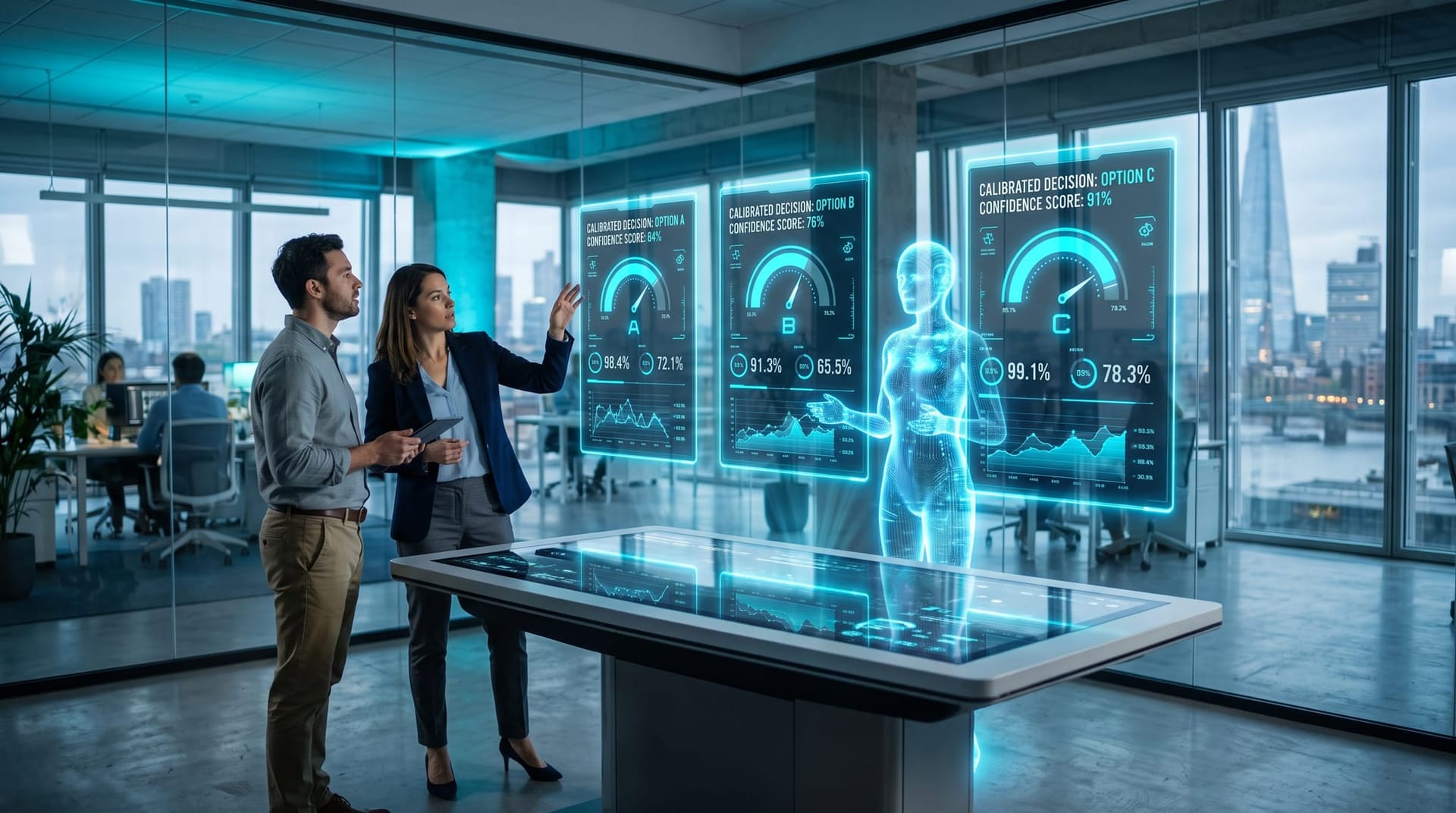 Three glowing cyan holographic panels compare calibrated AI decision models side by side above a conference table in a cool-lit office