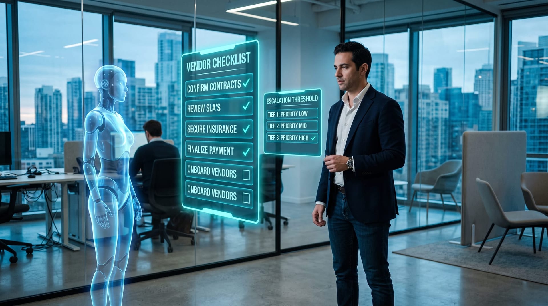 A Northeast Indiana operations leader reviews a floating cyan vendor checklist of AI Employee confidence and audit questions in a modern office