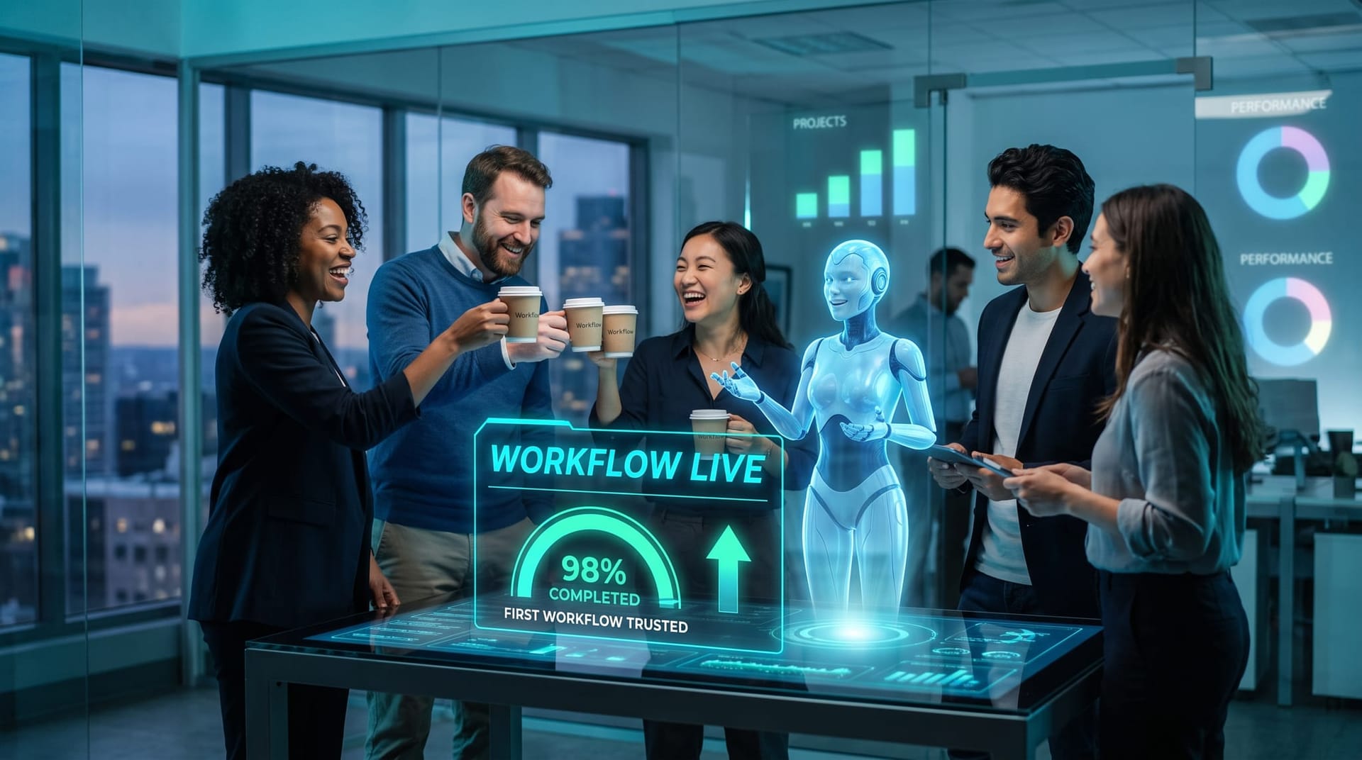 A small business team celebrates one automated workflow clearing its confidence gate on a glowing cyan dashboard with a holographic AI avatar