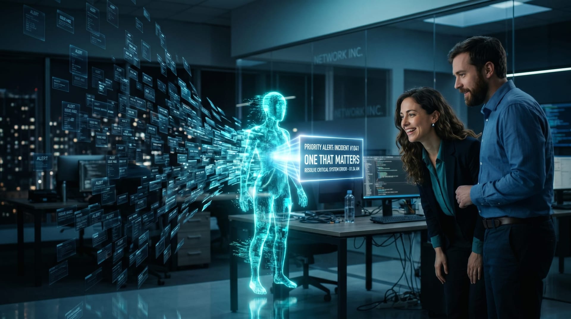 Holographic alert panels being filtered down to one actionable incident by an AI agent, showing alert noise reduction in cloud operations