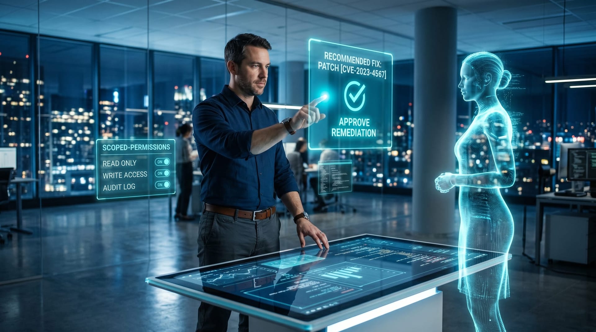 A technician approving an AI agent's recommended remediation on a floating holographic approval gate, showing human oversight of automated fixes